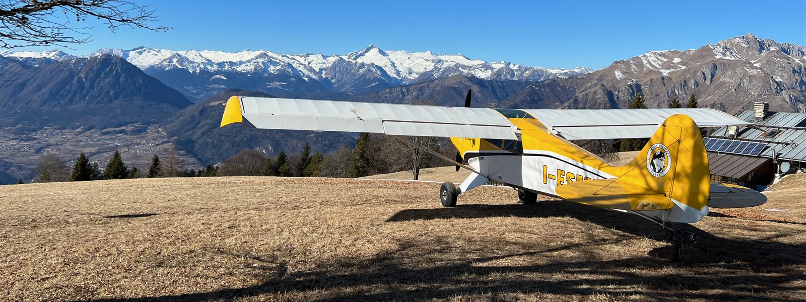 L'Aviat Husky della scuola su un prato in quota, con le Alpi innevate sullo sfondo